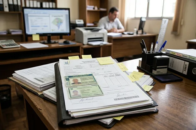 Documentos em mesa prontos para licenciamento em Uruguaiana.